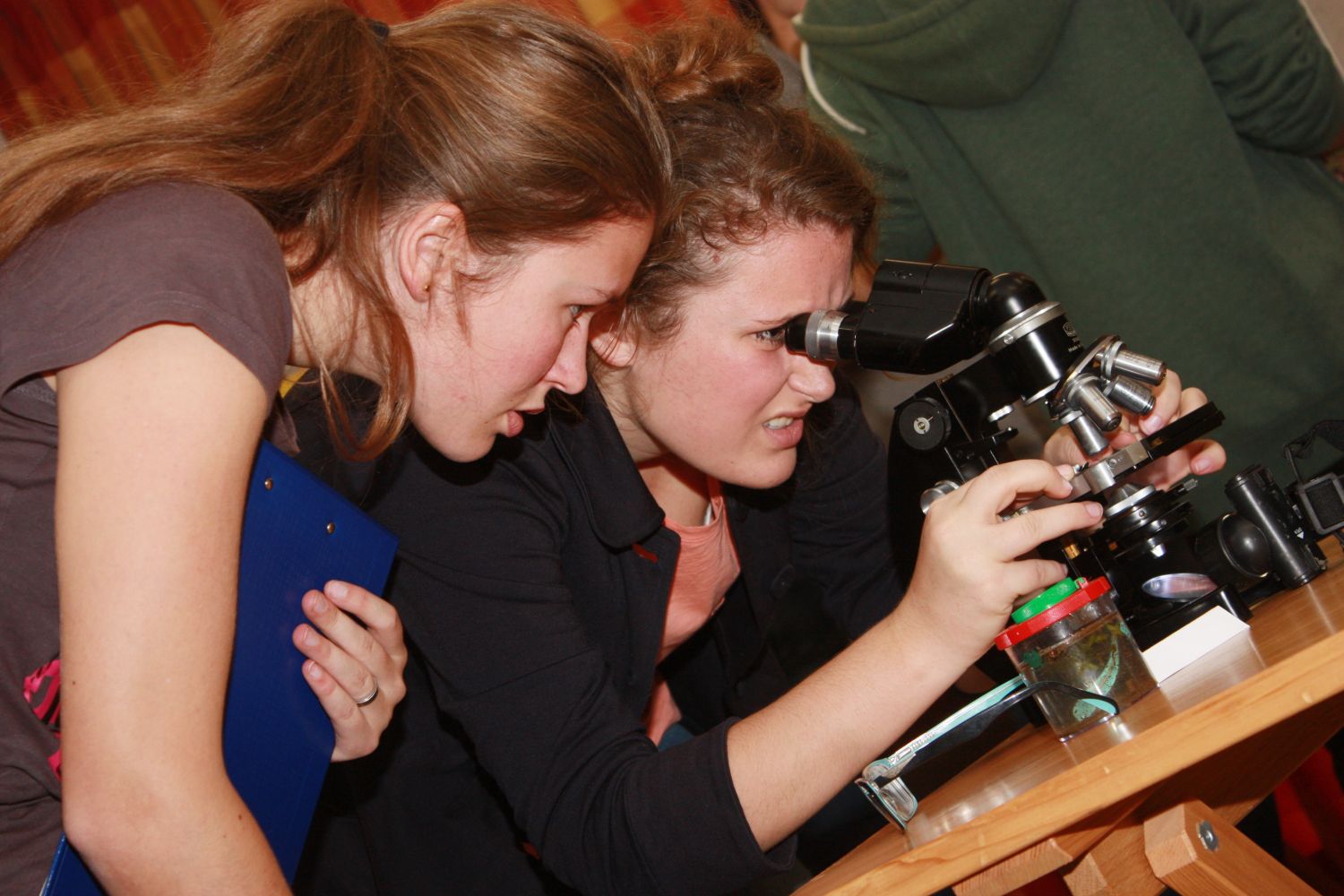 Dívky pozorují preparát v mikroskopu